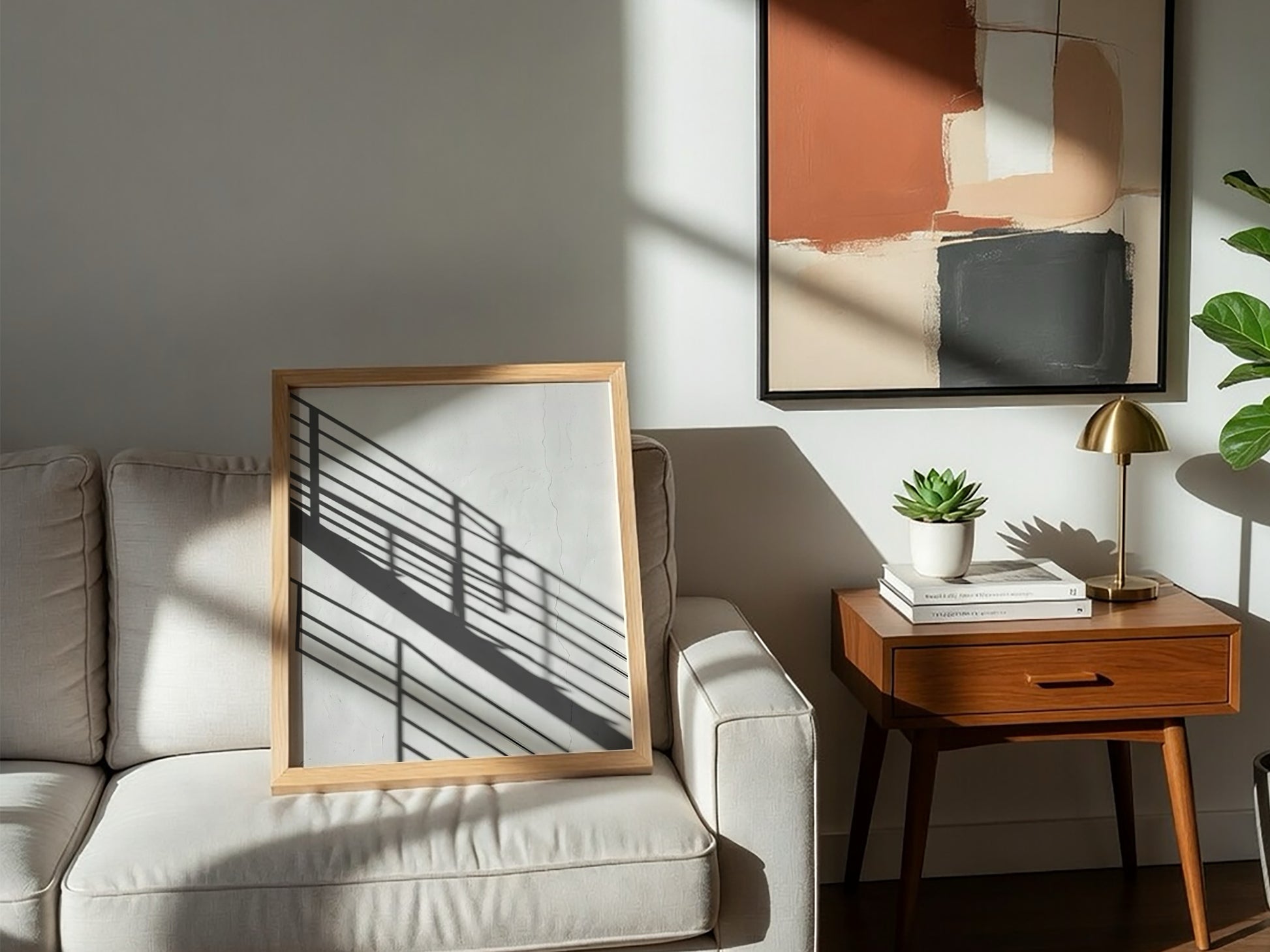 Poster featuring black spiral staircase shadows on white wall in minimalist modern style