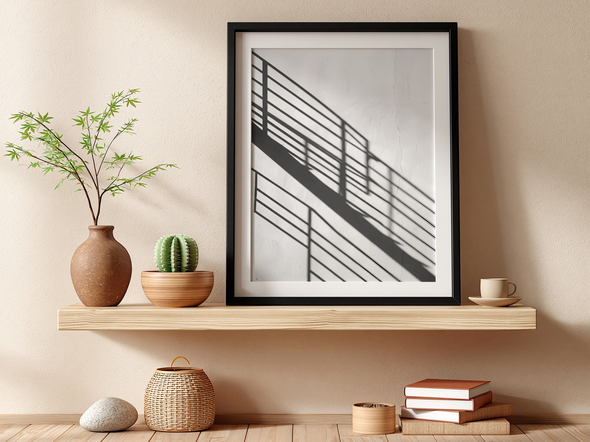 Poster featuring black spiral staircase shadows on white wall in minimalist modern style