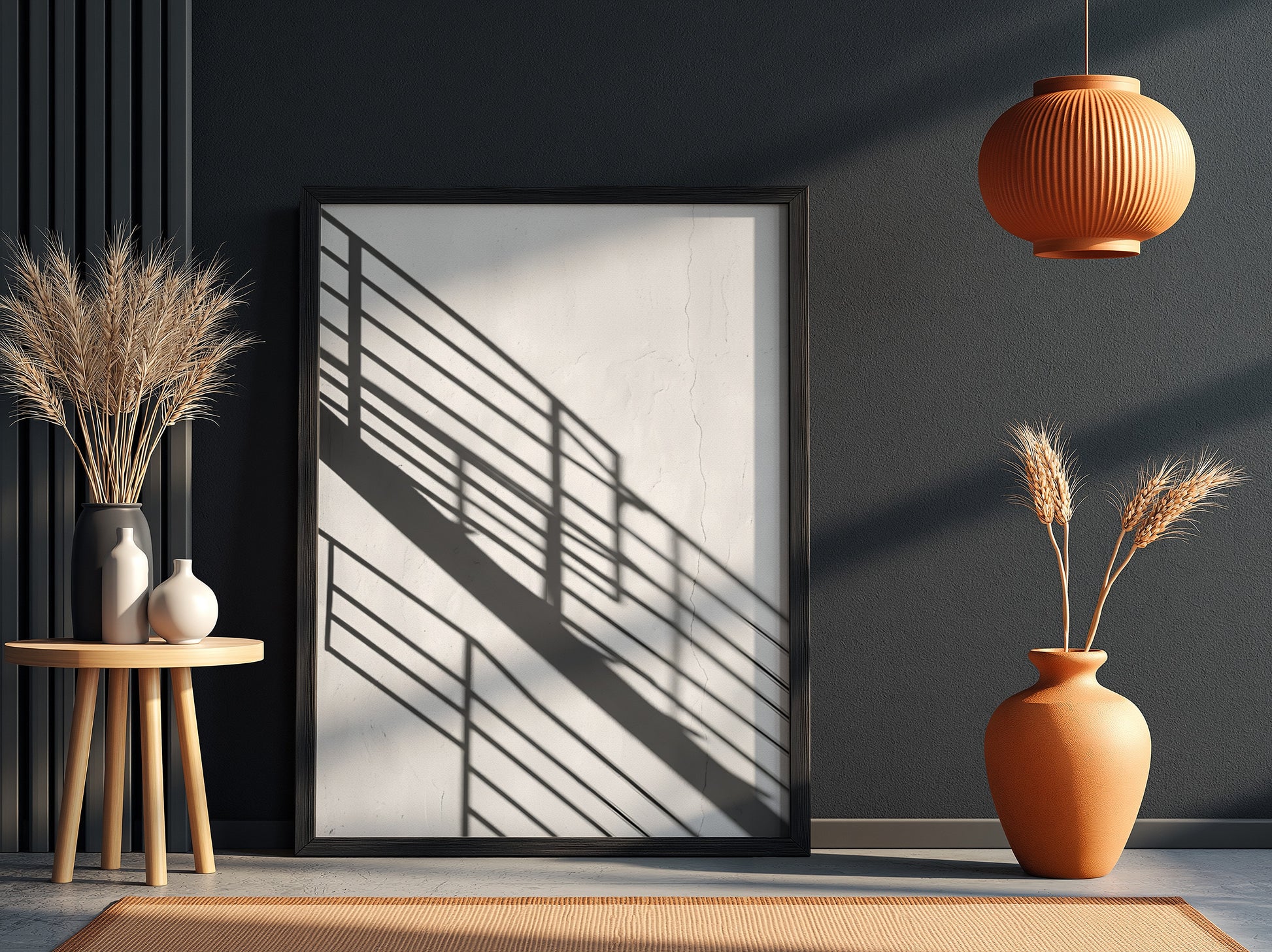 Poster featuring black spiral staircase shadows on white wall in minimalist modern style