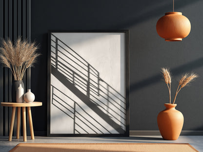 Poster featuring black spiral staircase shadows on white wall in minimalist modern style