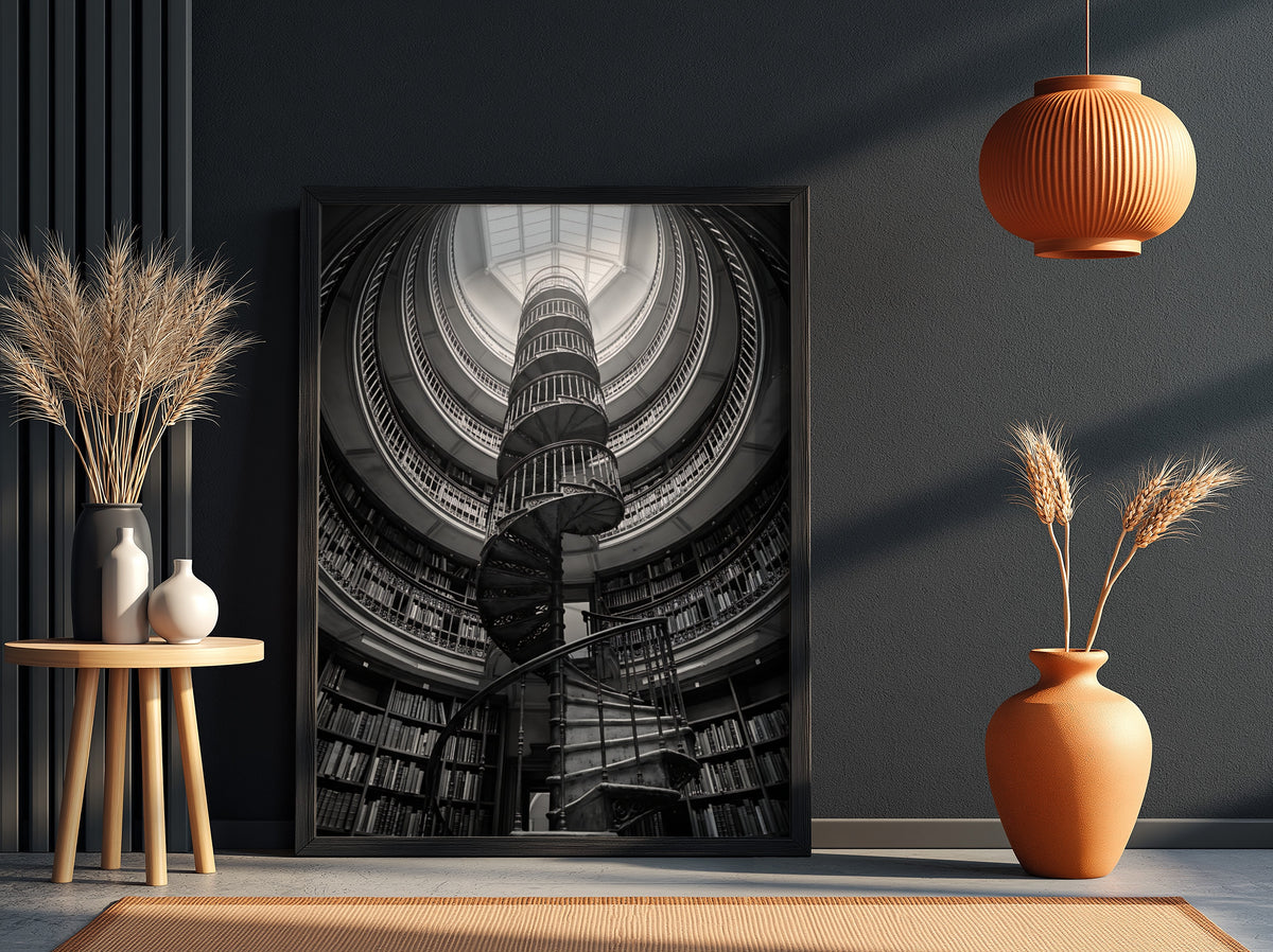 black and white poster featuring spiral staircase inside circular library with iron railings and skylight