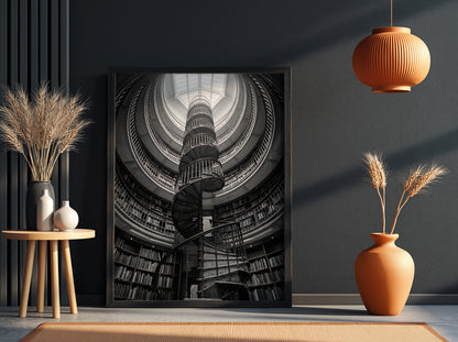 black and white poster featuring spiral staircase inside circular library with iron railings and skylight