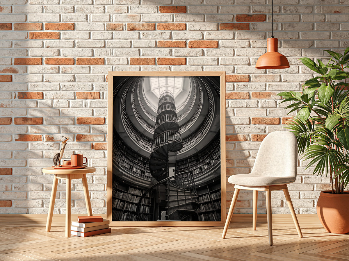 black and white poster featuring spiral staircase inside circular library with iron railings and skylight