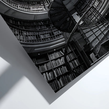 black and white poster featuring spiral staircase inside circular library with iron railings and skylight
