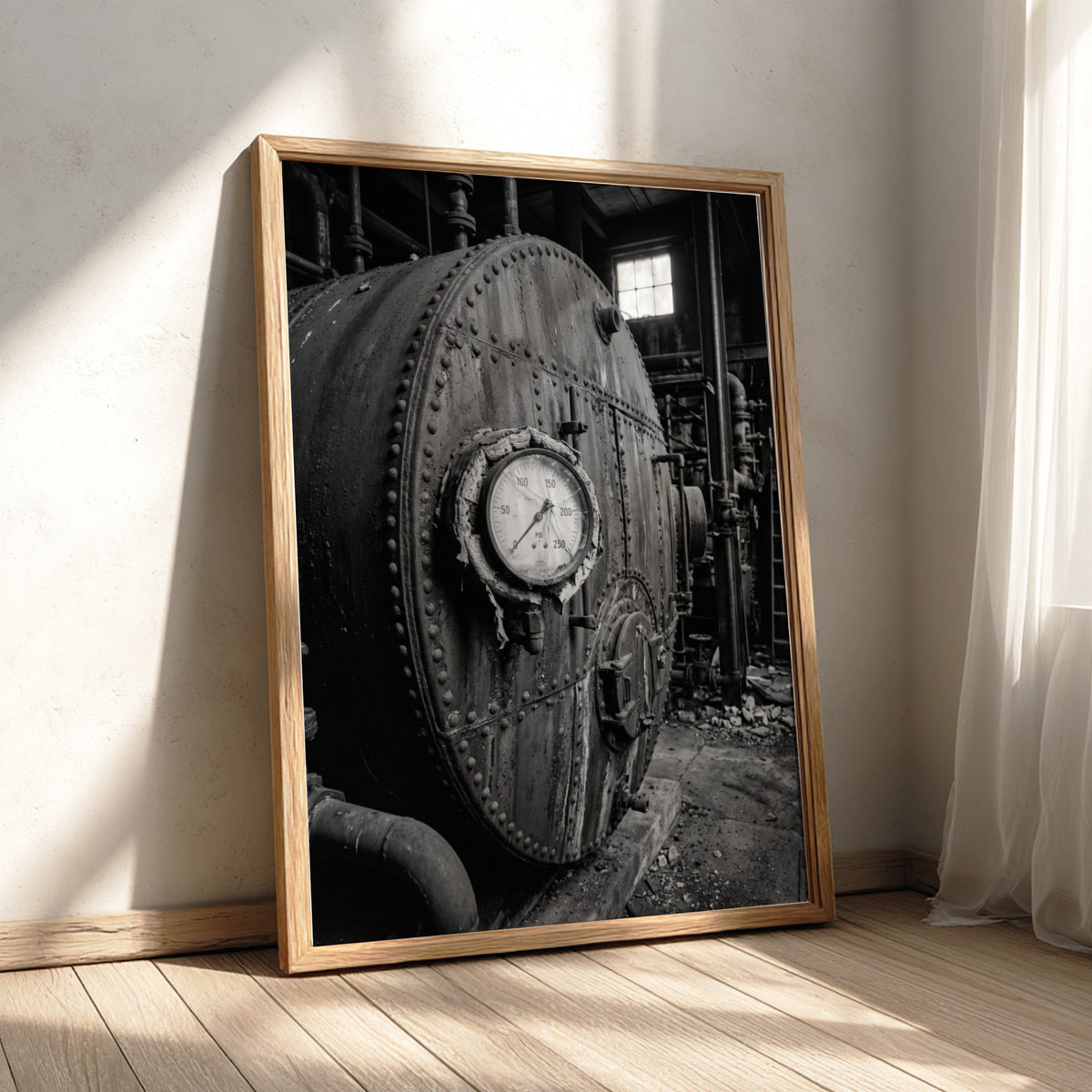 Poster of black and white steel boiler with gauge and rivets in industrial room setting