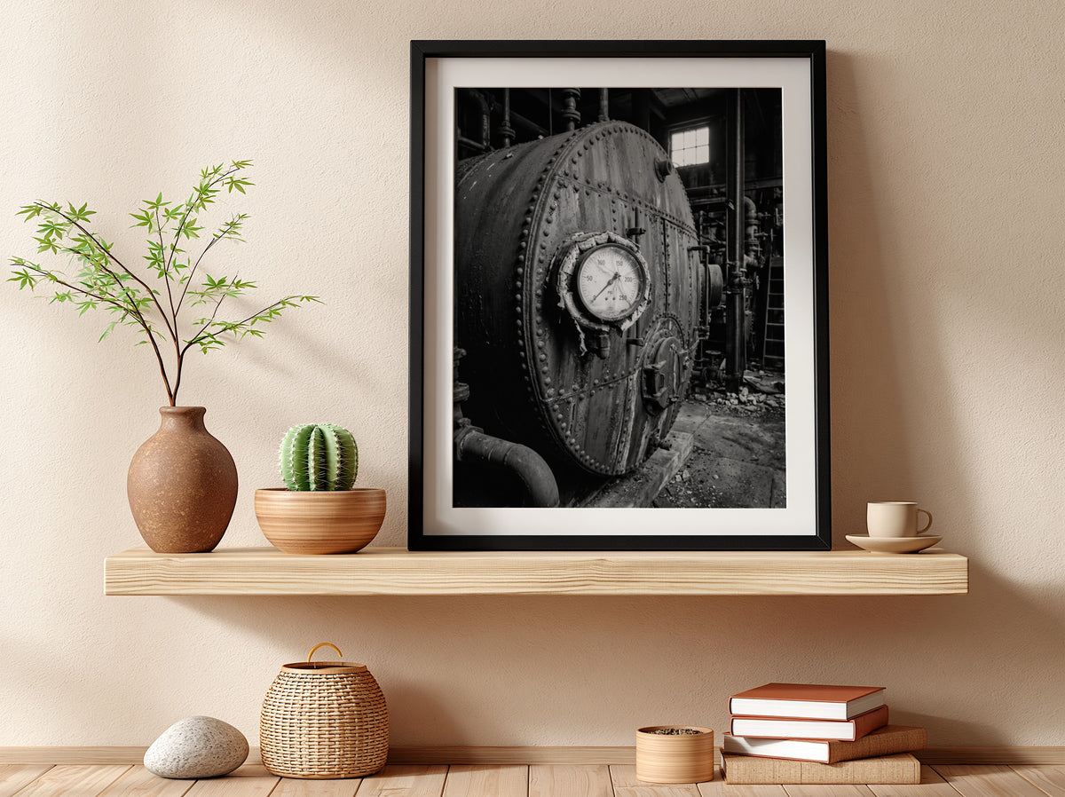 Poster of black and white steel boiler with gauge and rivets in industrial room setting