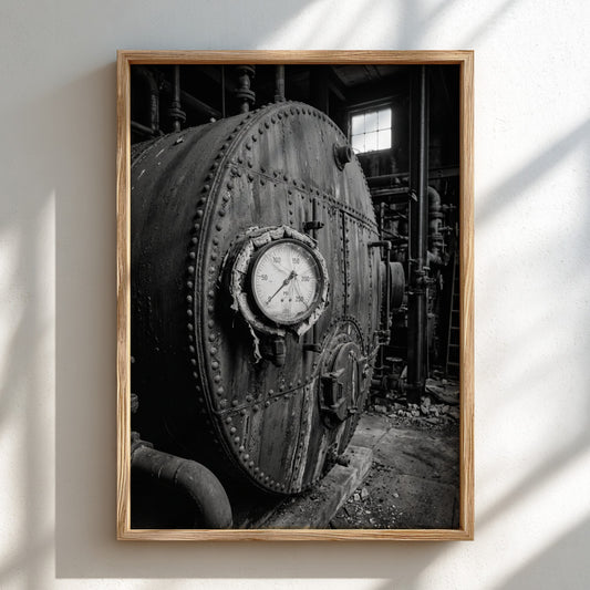 Poster of black and white steel boiler with gauge and rivets in industrial room setting