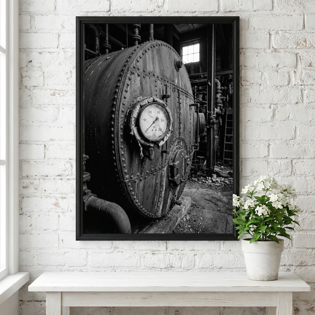 Poster of black and white steel boiler with gauge and rivets in industrial room setting