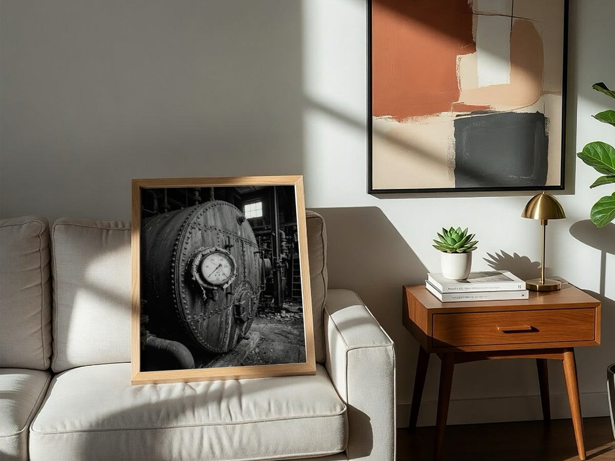 Poster of black and white steel boiler with gauge and rivets in industrial room setting