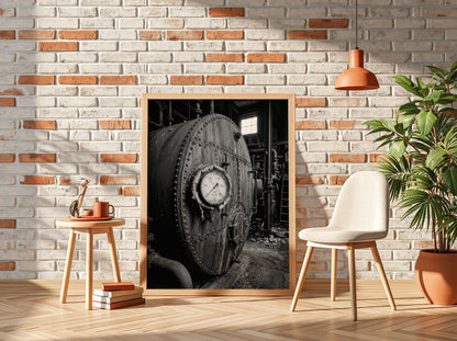 Poster of black and white steel boiler with gauge and rivets in industrial room setting