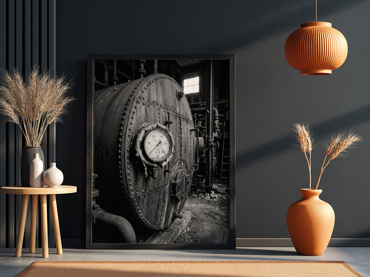 Poster of black and white steel boiler with gauge and rivets in industrial room setting