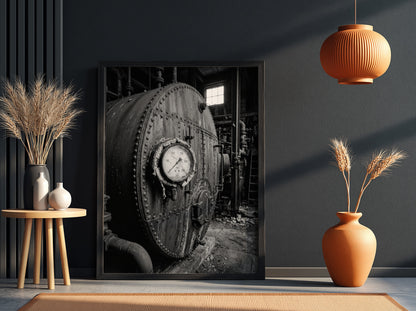 Poster of black and white steel boiler with gauge and rivets in industrial room setting