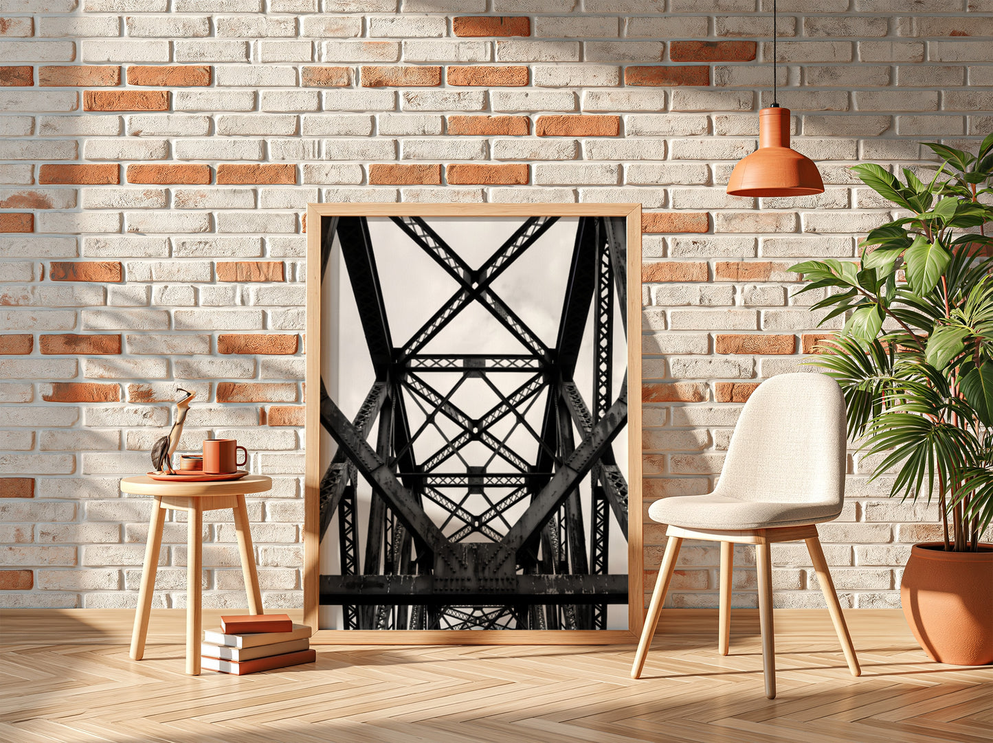 Black and white wall decor featuring steel bridge trusses with geometric patterns and strong shadows