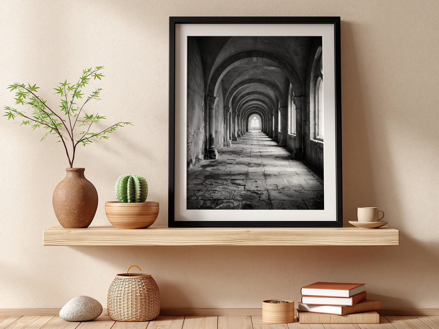 Black and white wall decor of stone corridor with rounded arches and textured stone floor