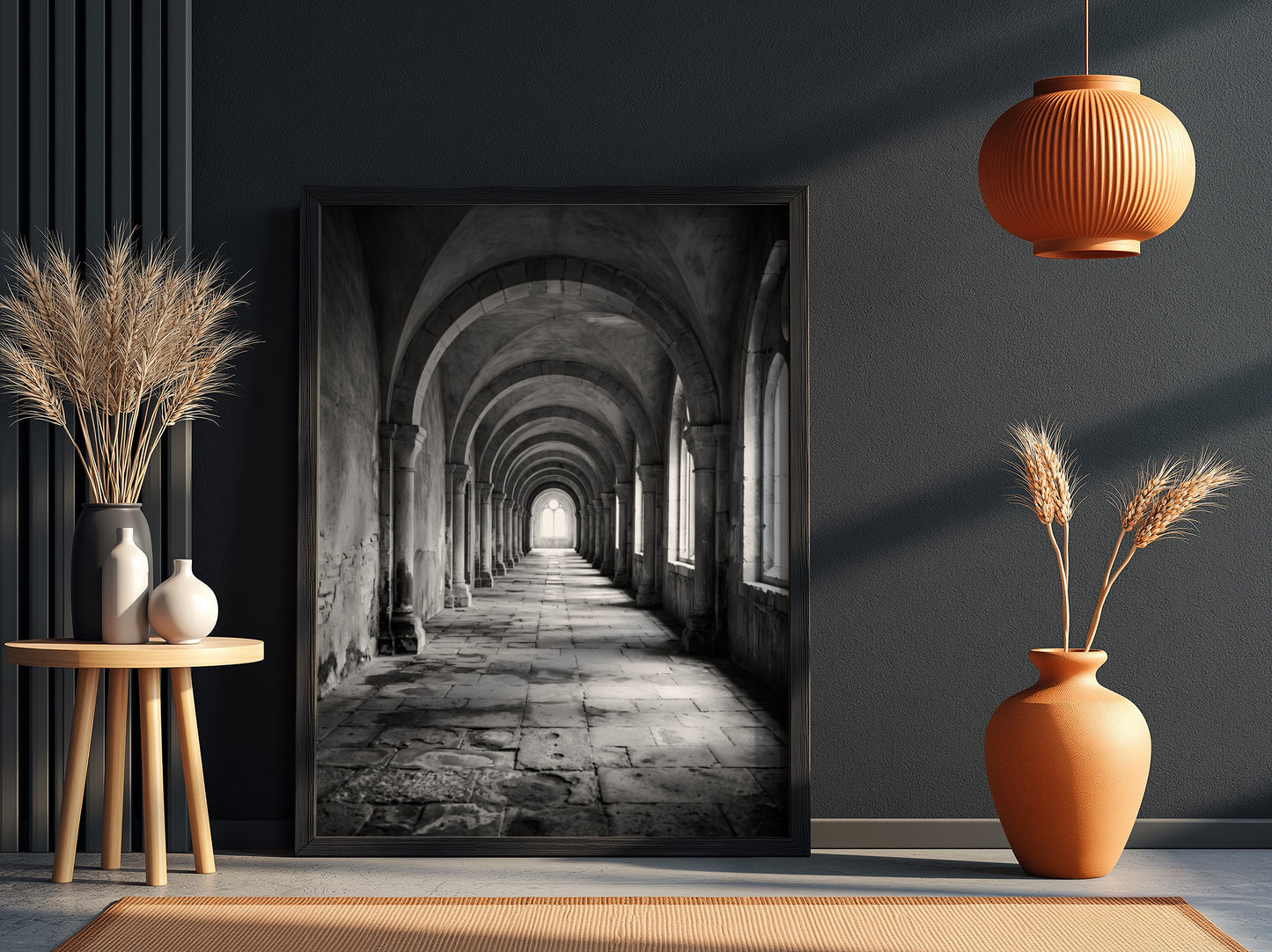 Black and white wall decor of stone corridor with rounded arches and textured stone floor