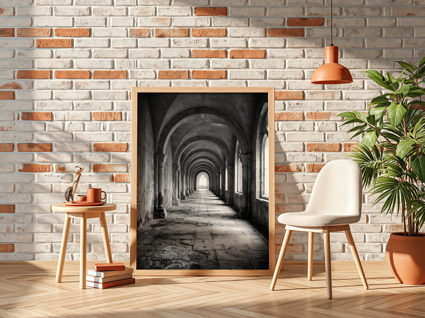 Black and white wall decor of stone corridor with rounded arches and textured stone floor