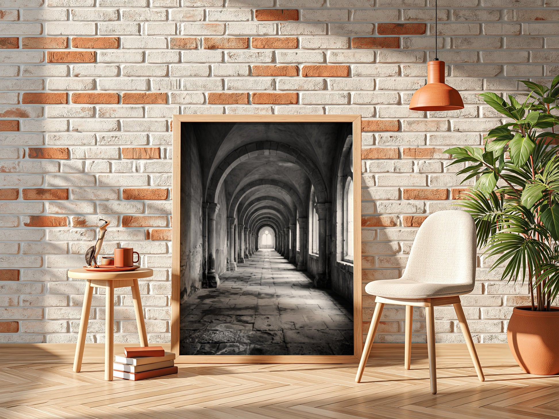 Black and white wall decor of stone corridor with rounded arches and textured stone floor