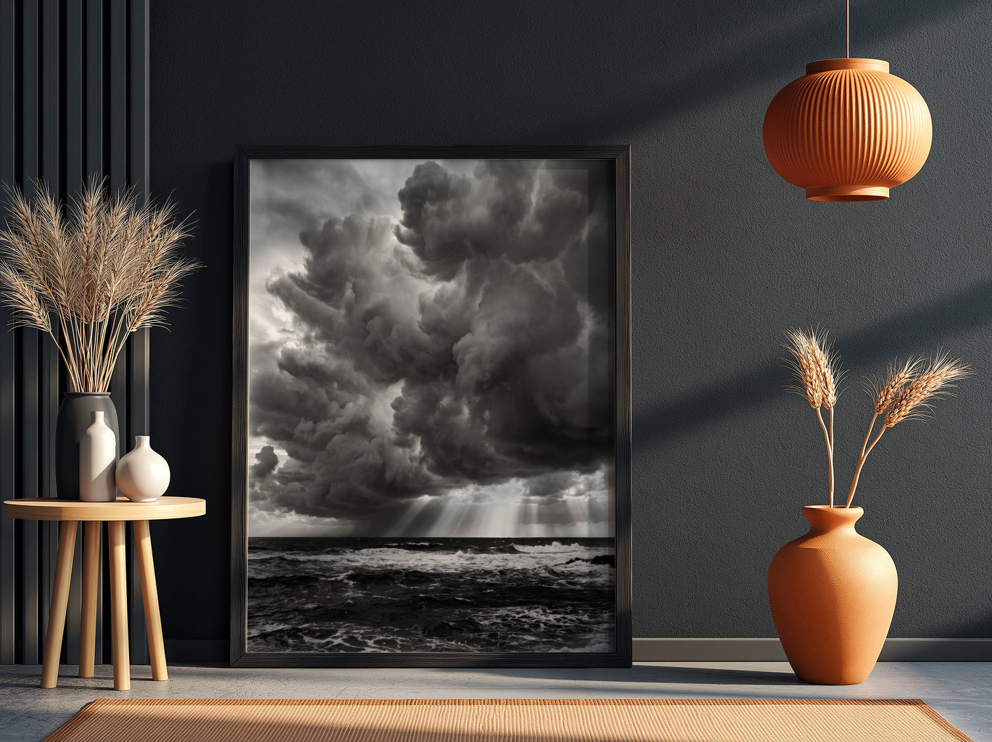 moody wall decor showing storm clouds over dark turbulent water in black and white photograph