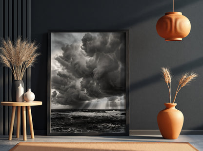 moody wall decor showing storm clouds over dark turbulent water in black and white photograph