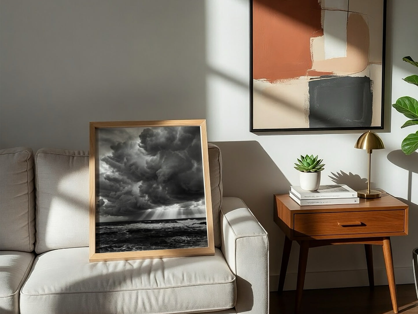 moody wall decor showing storm clouds over dark turbulent water in black and white photograph