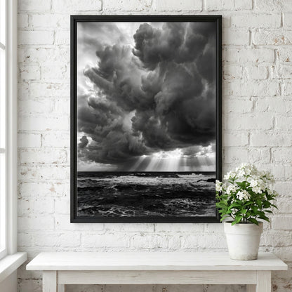 moody wall decor showing storm clouds over dark turbulent water in black and white photograph