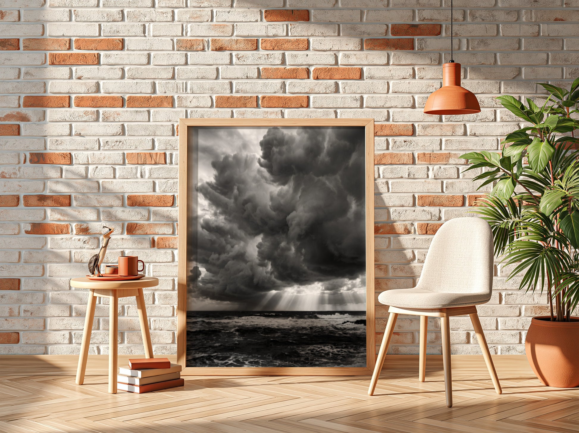 moody wall decor showing storm clouds over dark turbulent water in black and white photograph