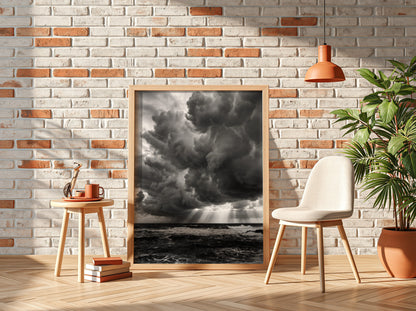 moody wall decor showing storm clouds over dark turbulent water in black and white photograph
