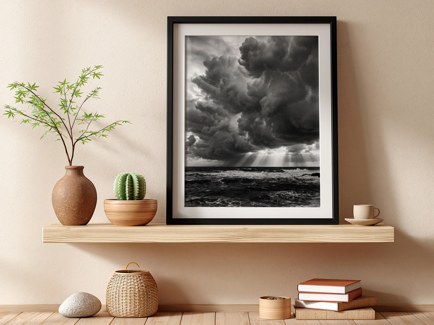 moody wall decor showing storm clouds over dark turbulent water in black and white photograph