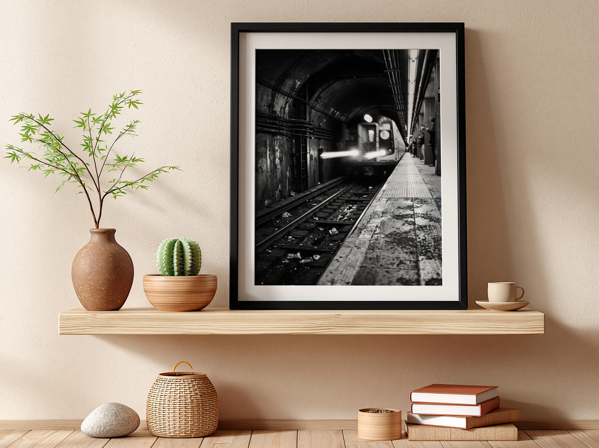 Black and white poster of subway train approaching tunnel with gritty urban textures and blurred motion