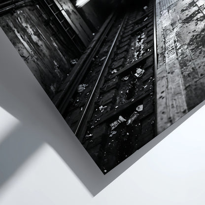 Black and white poster of subway train approaching tunnel with gritty urban textures and blurred motion