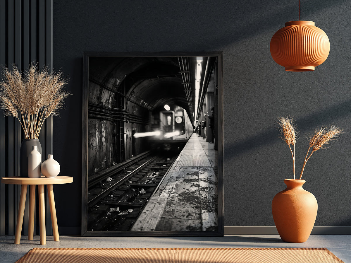 Black and white poster of subway train approaching tunnel with gritty urban textures and blurred motion