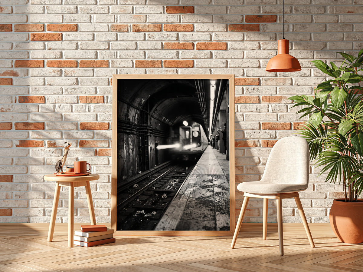 Black and white poster of subway train approaching tunnel with gritty urban textures and blurred motion