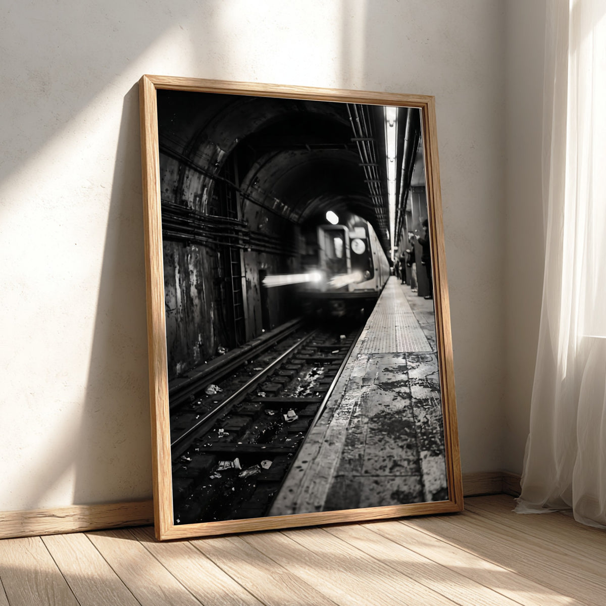 Black and white poster of subway train approaching tunnel with gritty urban textures and blurred motion