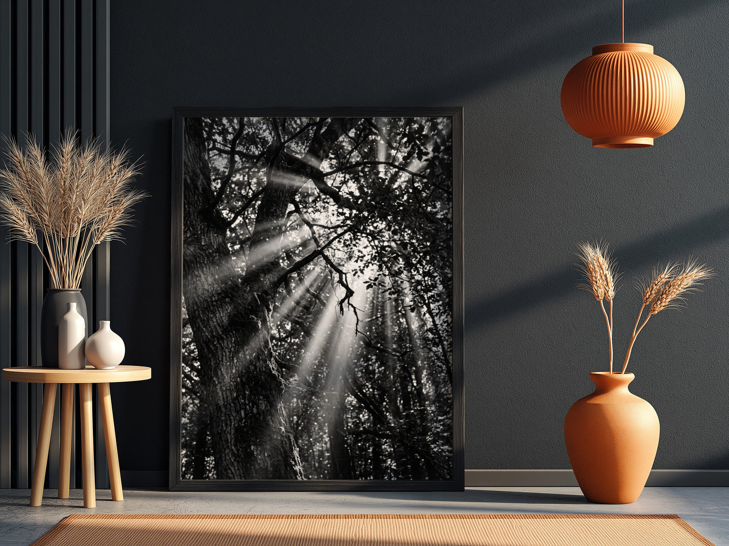 Black and white wall decor showing sunlight beams breaking through dense forest trees and branches
