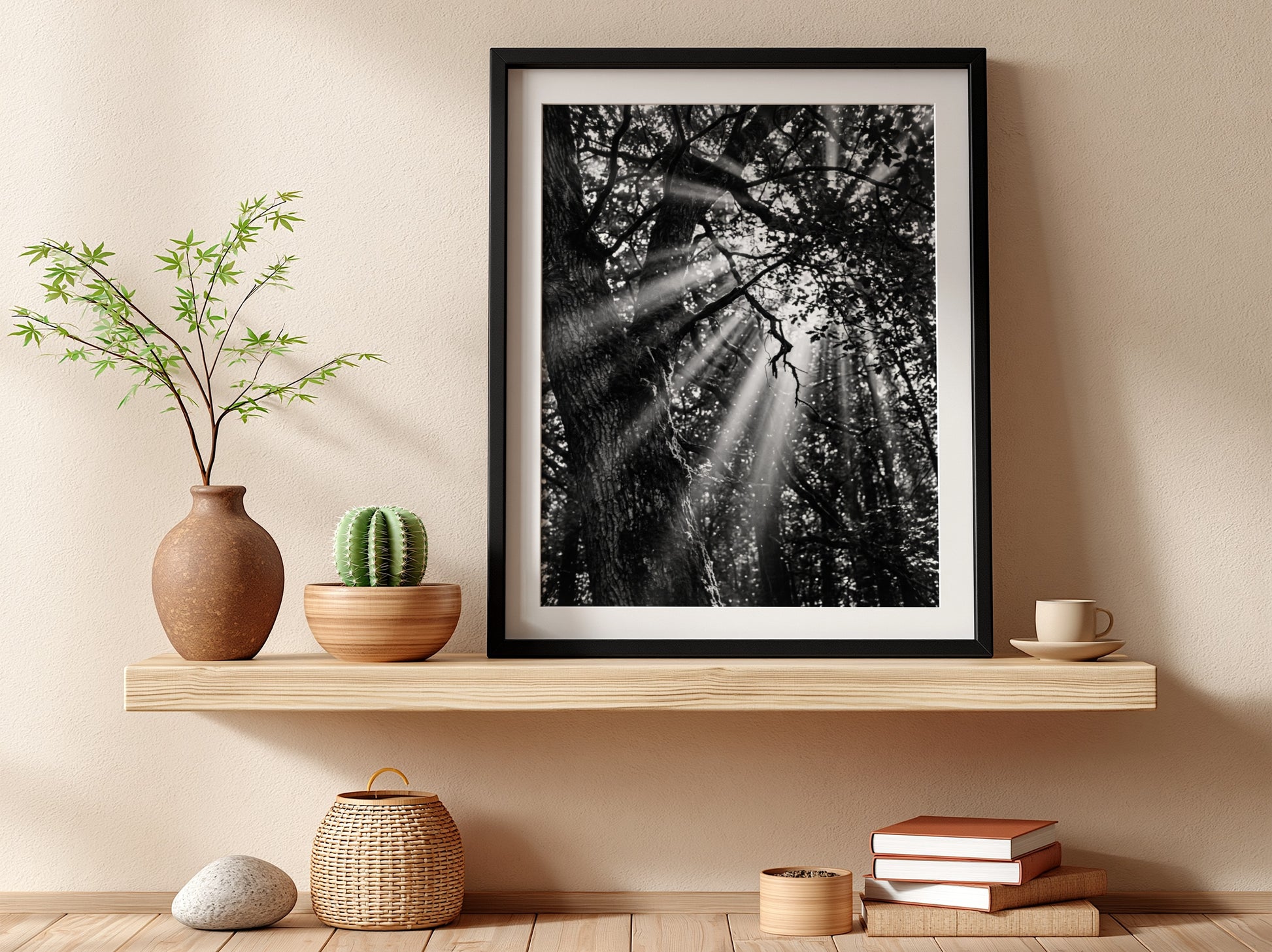 Black and white wall decor showing sunlight beams breaking through dense forest trees and branches