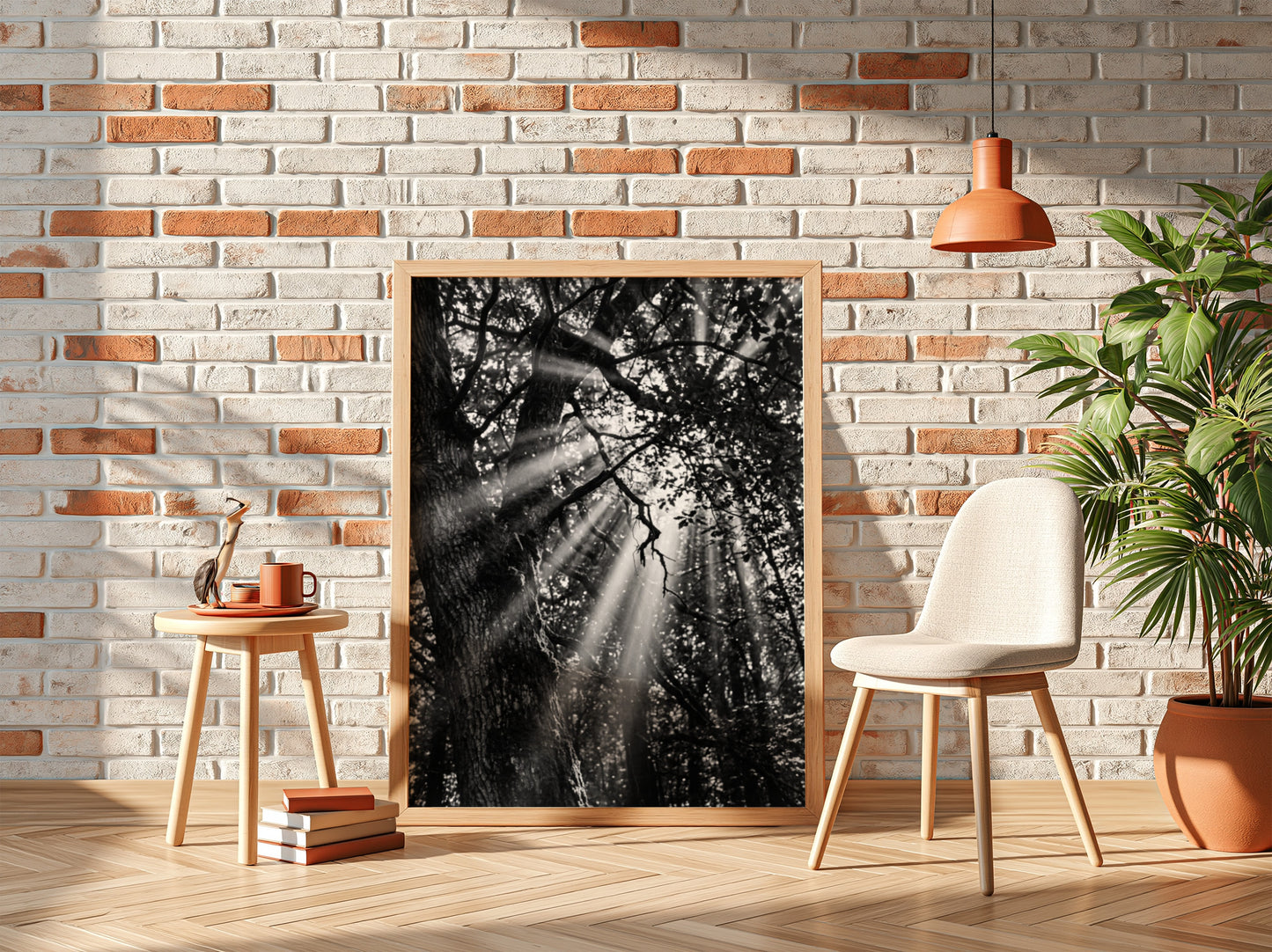 Black and white wall decor showing sunlight beams breaking through dense forest trees and branches