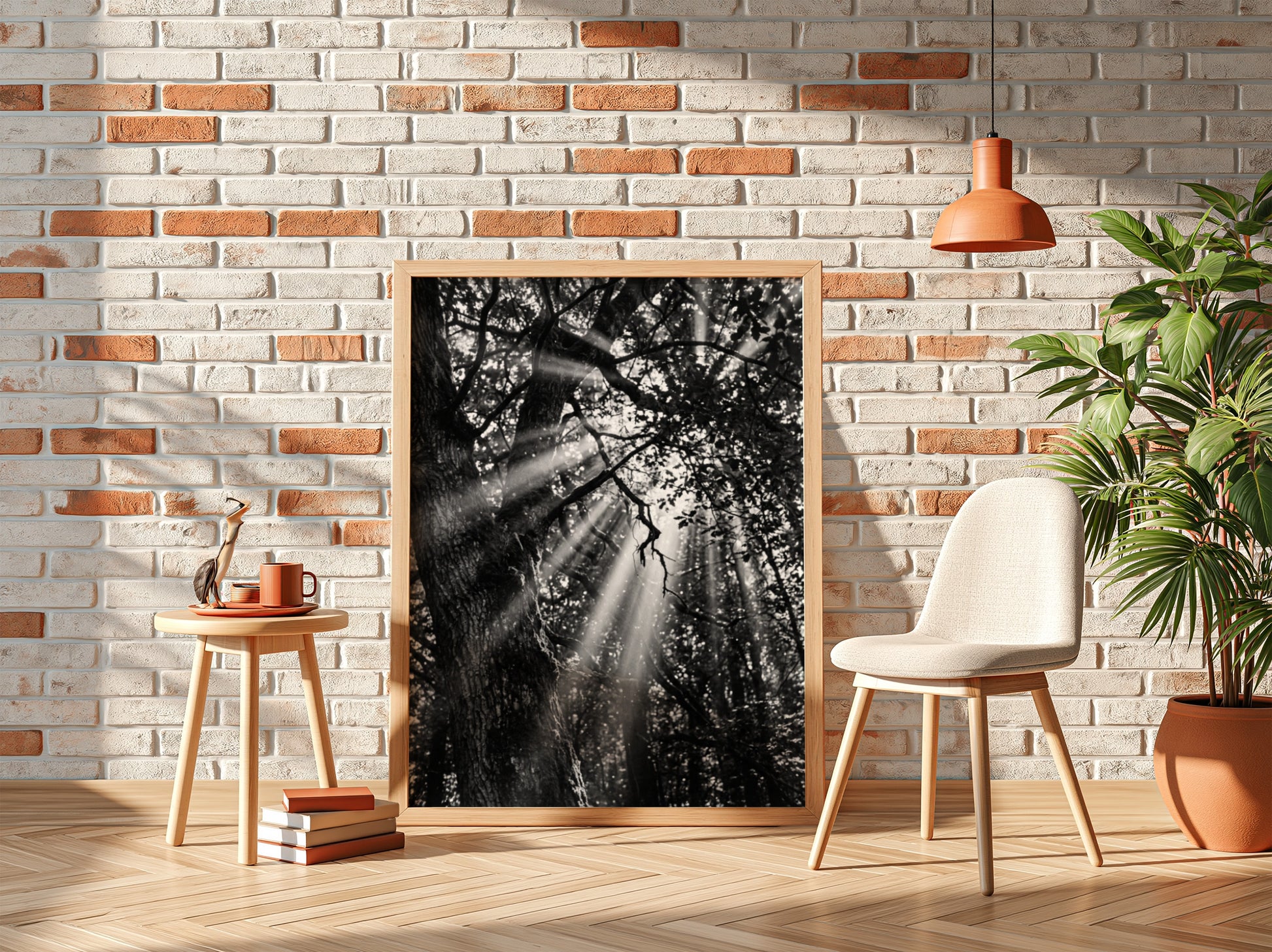 Black and white wall decor showing sunlight beams breaking through dense forest trees and branches