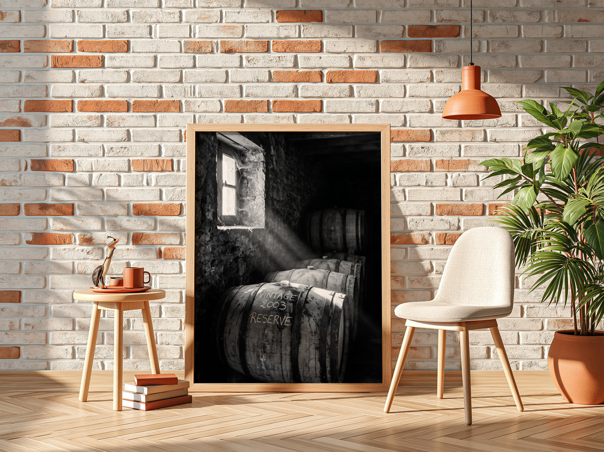 Poster of stacked whiskey barrels in rustic cellar with sunlight illuminating barrels and walls