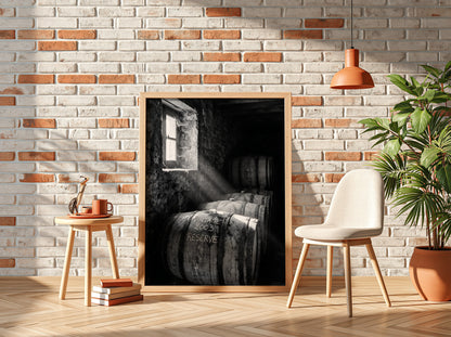 Poster of stacked whiskey barrels in rustic cellar with sunlight illuminating barrels and walls