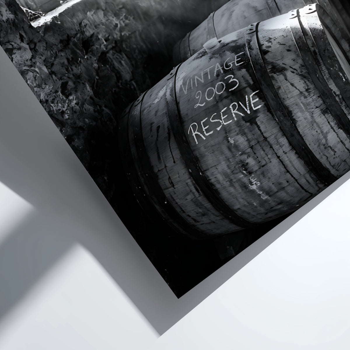 Poster of stacked whiskey barrels in rustic cellar with sunlight illuminating barrels and walls