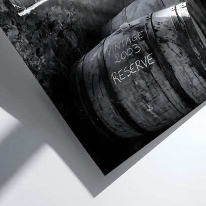 Poster of stacked whiskey barrels in rustic cellar with sunlight illuminating barrels and walls