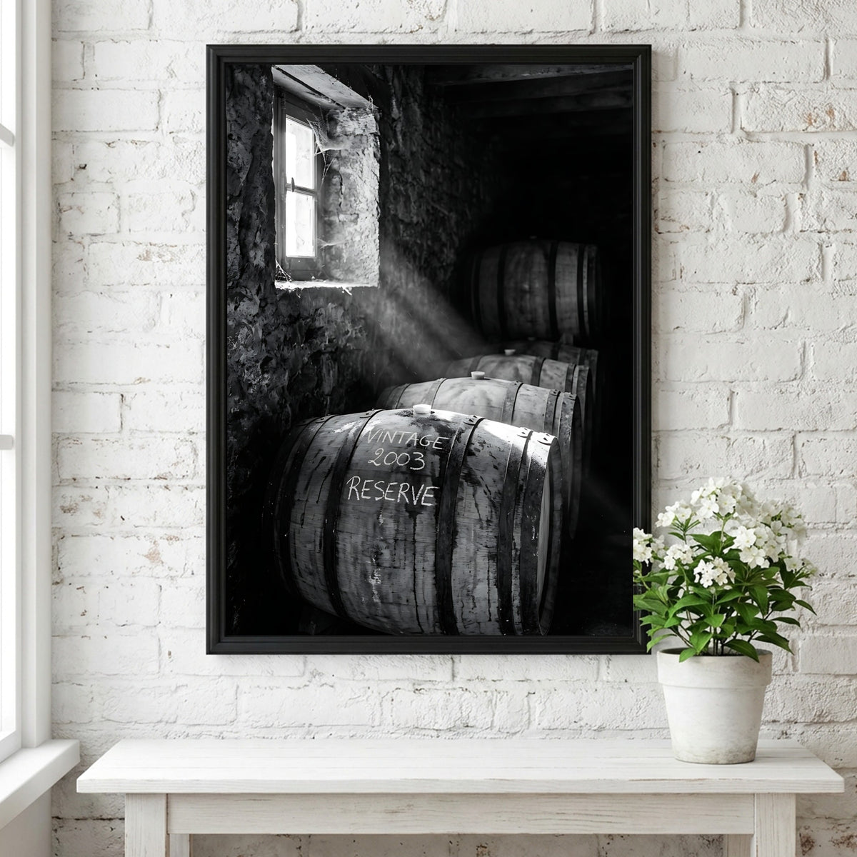 Poster of stacked whiskey barrels in rustic cellar with sunlight illuminating barrels and walls