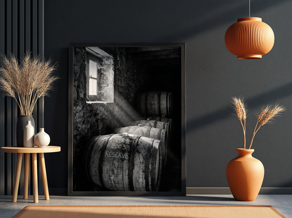 Poster of stacked whiskey barrels in rustic cellar with sunlight illuminating barrels and walls