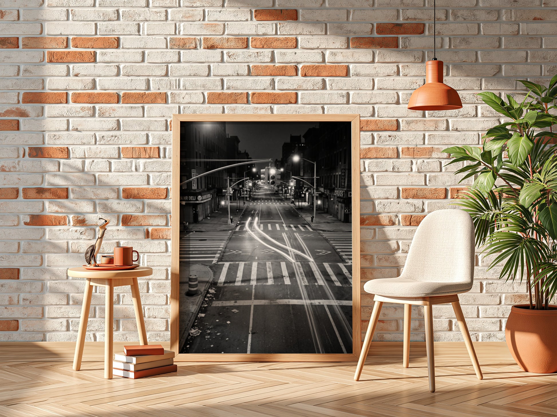 black and white wall decor of taxi passing empty city intersection with light trails at night