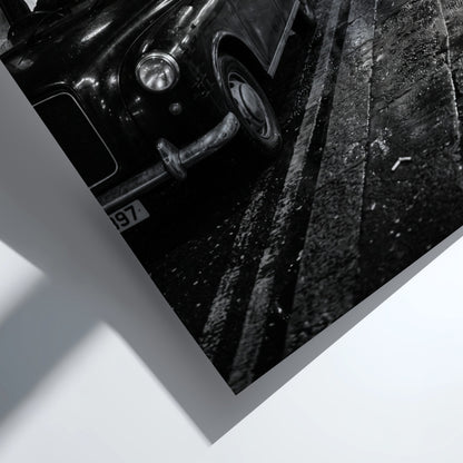 Wall decor showing black and white photo of London black cabs lined up at night on wet street