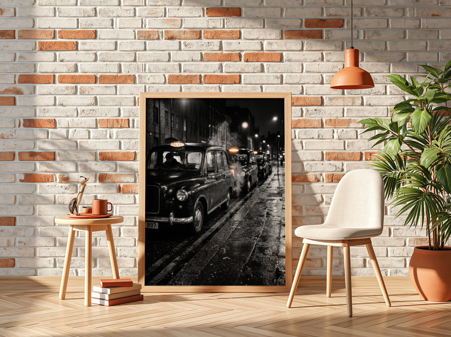Wall decor showing black and white photo of London black cabs lined up at night on wet street