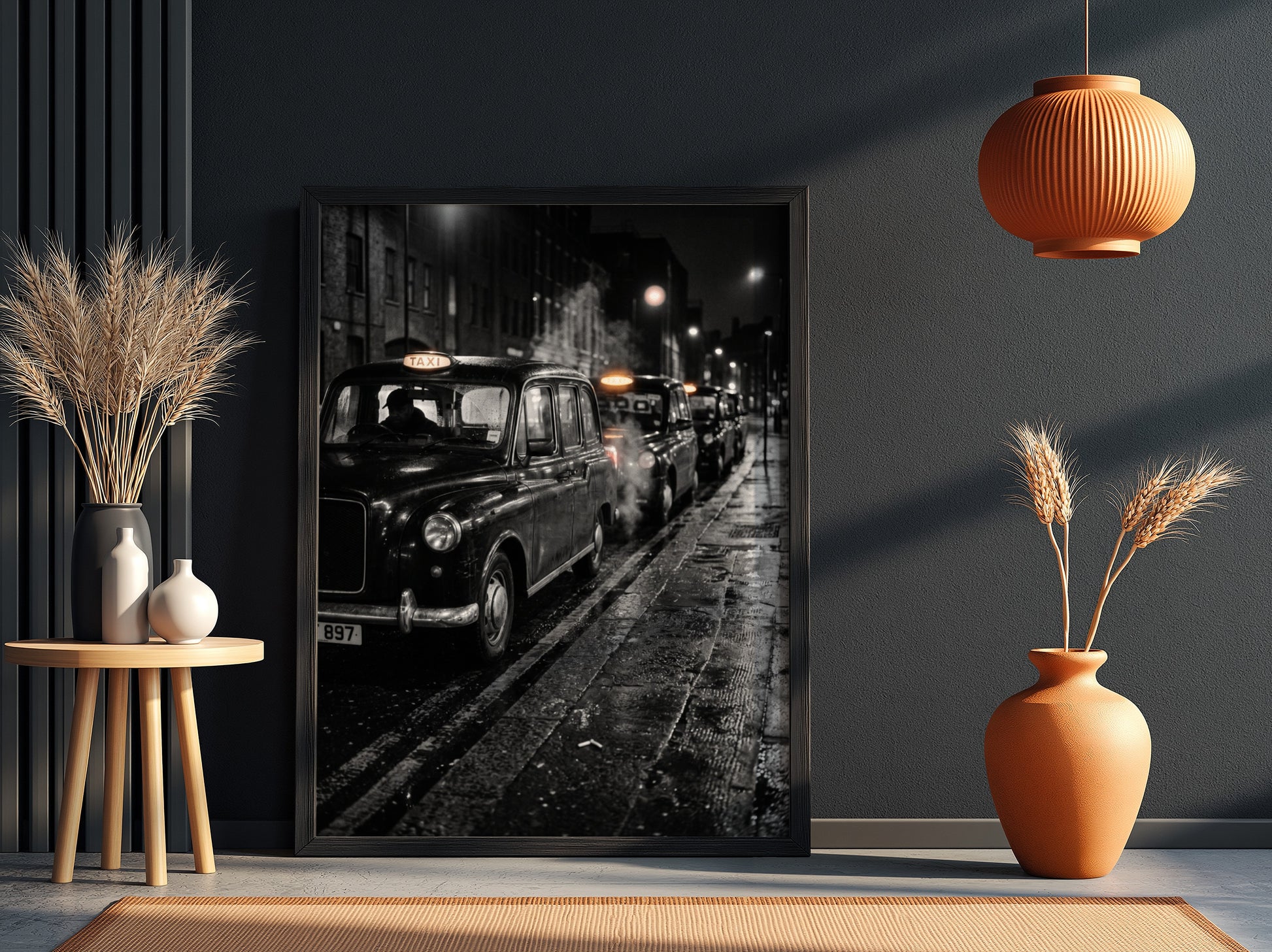 Wall decor showing black and white photo of London black cabs lined up at night on wet street