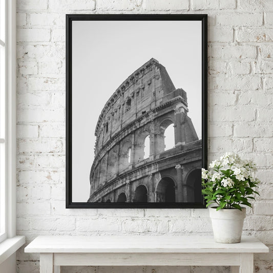 Colosseum poster black and white photo of Roman amphitheater arches and stone
