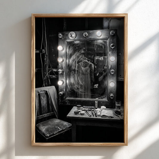 Theater dressing room mirror poster with wooden chair and illuminated bulbs in black and white