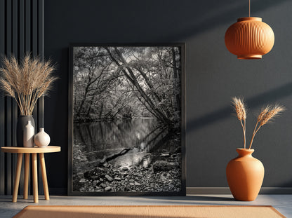 Black and white wall decor featuring trees leaning over a forest river with rocky shore and reflective water